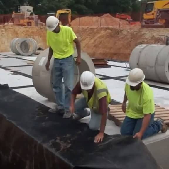 Geoengineers and construction professionals on a worksite preparing to install subsurface stormwater mangement solution, StormCapture